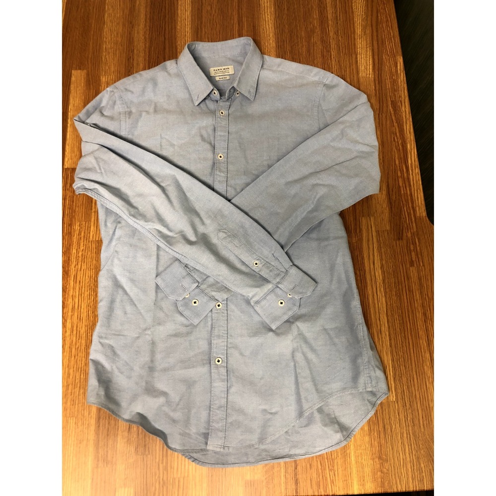 Zara Man Mens Medium Light Blue Button Down Shirt Slim Fit Long Sleeve Casual